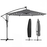 Outsunny Parasol Déporté LED Solaire Ø 295cm - 32 Lampes LED avec Manivelle, Protection UV 50+ et Housse de Protection - Parasol de Jardin en Aluminium Inclinable pour Terrasse Balcon Piscine, Gris