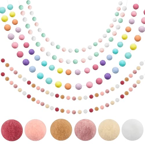 6 grinaldas de bolas de feltro coloridas, grinalda de pompom, corrente de feltro com 180 pompons coloridos, grinalda de bolas de feltro de lã, bolas de pompom, bolas de peluche fofos
