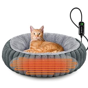 INVENHO Heated Cat Beds for Indoor Cats and Small Dogs, 20″ Cozy Donut Heated Pet Bed with Timer & Temp Adjustable, Removable Waterproof Electric Warming Bed for Indoor Cat