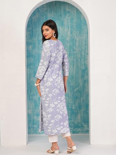 Image of GoSriKi Women's Cotton Blend Chikankari Embroidered Straight Kurta