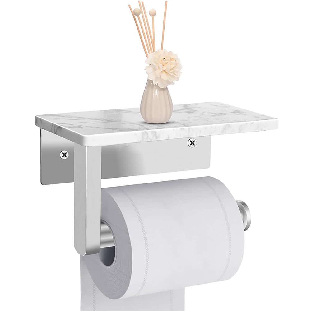 Inless - Soporte de acero para papel higiénico con estante de mármol blanco, autoadhesivo, montaje de tornillo, soporte para rollo de pañuelos de papel higiénico para baño y baño, Sto Solut (cepillo h
