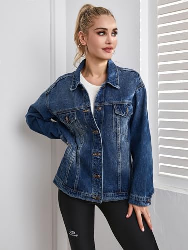 Cantonwalker Women's Oversize Vintage Washed Boyfriend Denim Jacket Long Sleeve Classic Loose Jean Trucker Jacket 0034