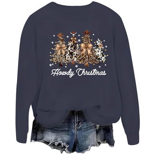 Image of TONGCHEN Retro Howdy Christmas Western Trees Sweatshirt Leopard Cowboy Cowgirl Christmas Sweatshirts Festive Winter (US, Alpha, Medium, Regular, Regular, Haze Blue)