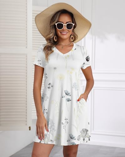 Image of COSSEN Women's Casual T Shirt Dress V-Neck Short Sleeves Swing Dresses Birthday Party Summer Travel Beach with Pocket