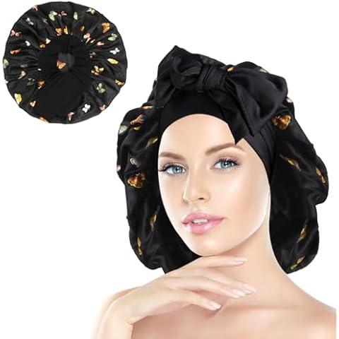 Arqumi Satin Silk Bonnet for Sleeping Women - Large Long Strap Tie Band Adjustable Sleep Night Shower Cap Hair Bonnet Wrap for Men Reusable, Butterfly Pattern Black Cover