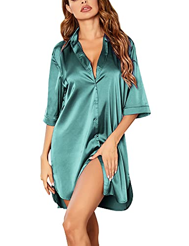 Ekouaer Silk Nightgown for Women Pure Color Sleepwear Petite Cute Sleepshirt Satin Nighty Green S