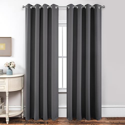 Image of Joydeco Blackout Curtains for Bedroom 66 x 90 Inch, Eyelet Thermal Insulated Energy-saving Drapes for Room Darkening Light Filtering, Long Window Treatments 90 Inch Drop, 2 Panels - Dark Grey