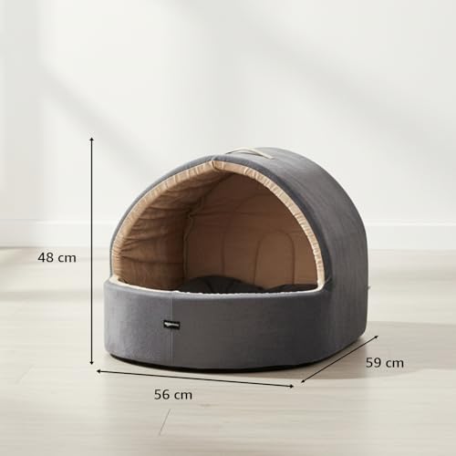 Image of Amazon Basics Pet Bed Cave | Soft & Warm Indoor Tent Bed for Cats, Kittens & Small /Medium Dogs (Pug, Beagle, Shih Tzu) | Foldable with Removable Cushion | Grey & Beige | 59 x 56 x 48 cm
