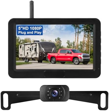 5inch Wireless Backup Camera Kit, 1080P HD Image, Color Night Vision, IP69 Waterproof, Adjustable Parking Line, License Plate Reversing Camera for Car, Small RV, Pickup