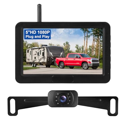 Mscacar 5inch Wireless Backup Camera Kit, 1080P HD Image, Color Night Vision, IP69 Waterproof, Adjustable Parking Line, License Plate Reversing Camera for Car, Small RV, Pickup