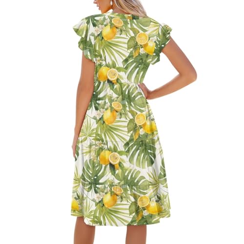 Image of Womens Summer Dress Ruffle Sleeve V Neck Dress Casual Fit Flowy Beach Vacation Sundress with Pocket S-2XL
