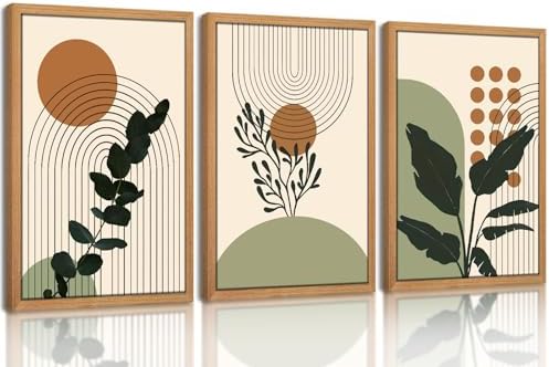 Framed Boho Sage Green Wall Art Set of 3, Abstract Sun Moon Geome...