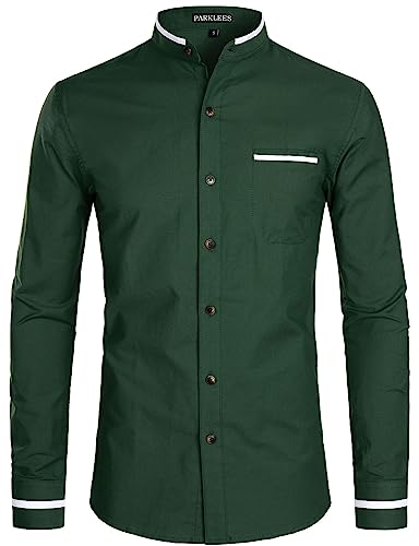 PARKLEES Herren-Oxford-Hemd mit Hipster-Design, Großvater-Kragen, schmale Passform, langärmelig, lässig, Button-Down-Kleid mit Tasche, Pz113-dark green, XL PARKLEES Herren-Oxford-Hemd mit Hipster-Design, Großvater-Kragen, schmale Passform, langärmelig, lässig, Button-Down-Kleid mit Tasche, Pz113-dark green, XL