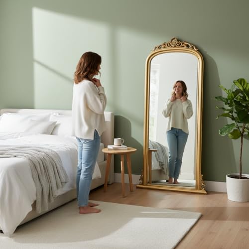 Image of APRODZ Tall Gold Ornate Full Length Mirror 80x180 cm | Vintage Decorative Wall & Leaner Mirror | Luxury Classic Full Body Dressing Mirror for Bedroom, Living Room & Hallway