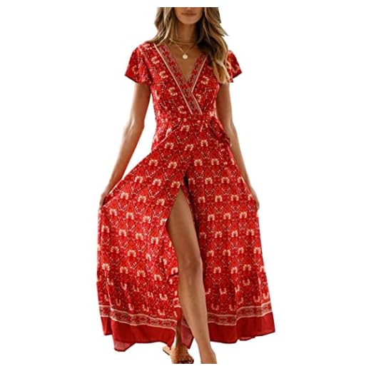 PRETTYGARDEN Women's Casual Long Summer Dresses Boho Floral Wrap V Neck Short Sleeve Split Maxi Beach Dress (Red -1,Small)