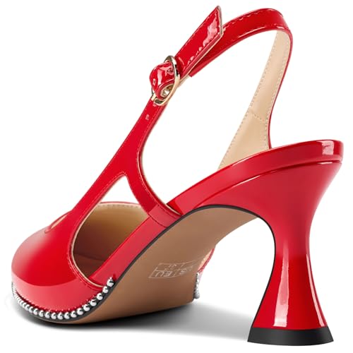 Image of TNYNFBEB Womens Kitten Heel Pointed Toe Pumps Sliver Beaded Slingback Slip-on Buckle Prom Dress Basic Classic Patent Leather Summer 2.6 Inches Heels