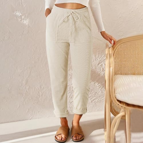 Vintage Corduroy Pants Women Baggy Drawstring Elastic Waist Pants Casual Comfy Work Pants Loose Fit Straight Leg Pants2