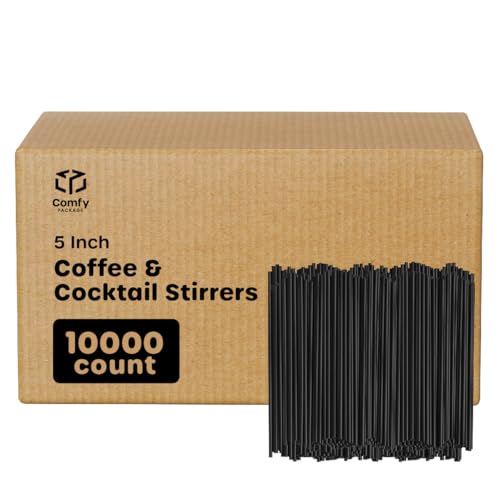 Comfy Package [Case of 10,000] 5 Inch Coffee Stirrers, Cocktail Straws - Disposable Plastic Sip Stir Sticks - Black