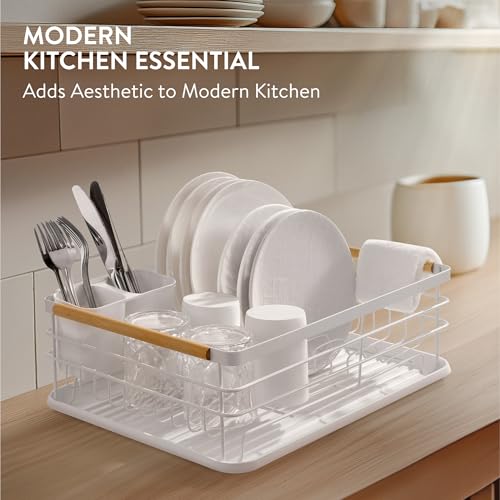 Navaris Dish Drainer Rack - Plate, Cutlery, Pots and Pans Drying Rack for Kitchen with Beechwood Handles - Modern Retro Design Drip Tray - White - Image 2