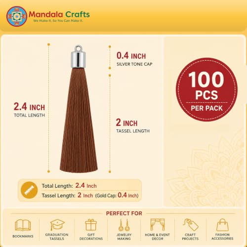 Image of Mandala Crafts Small Silver Tone Cap Brown Bookmark Tassels with Loops