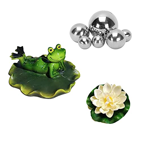 Super Idee Schwimmende Teichdeko Miniteich Deko Set Liegend Frosch auf Lotosblatt mit 6 Silber Kugeln und 2 STK Lotusblüte für Terrassenteich Zinkwannen Solarbrunnen Garten Balkon Teiche Deko