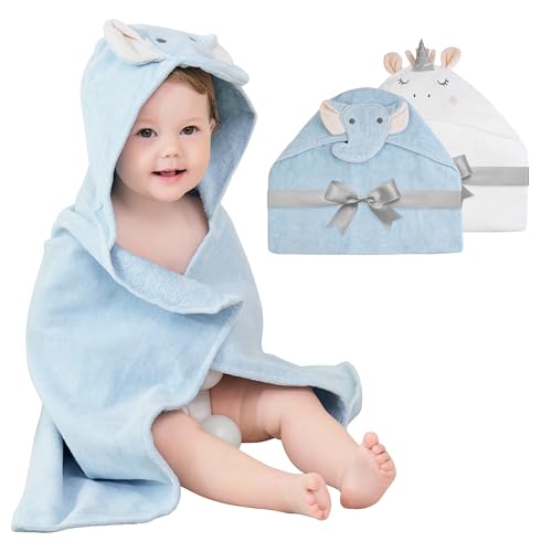 Image of Softan 2 Pack Baby Hooded Towels, Premium Soft Cotton Baby Bath Towels with Hood, Extra Thick and Super Absorbent, Essential for Newborns, Infants and Toddlers (Blue Elephant & White Unicorn)