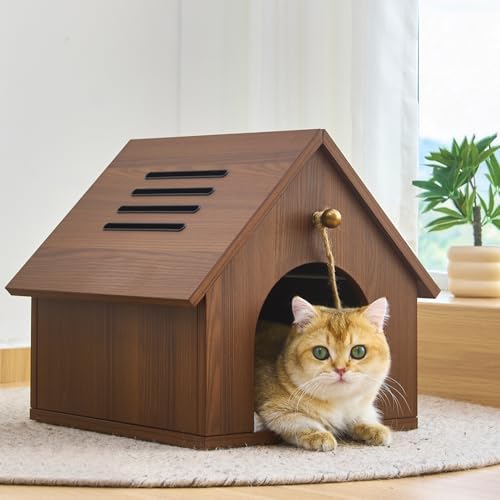 Cat House for Indoor Cats - Modern Wooden Covered Cat Cave Bed, S...