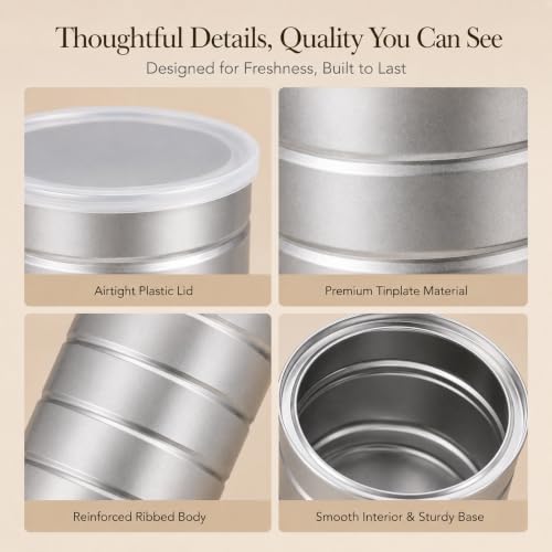 KLYGOBSR 8 Pack Empty Coffee Cans with Lids, Stickers and Pen, 3.9 x 5.9 in Metal Tin Can, Silver Loose Leaf Tea Containers with Ribbed Body for Kitchen Storage, Arts Crafts, Cookies or Dried Fruit by KLYGOBSR - Used condition - Image 4