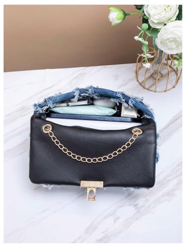 QWINEE Women's Distressed Denim Crossbody Bag Twist Lock Quilted Handbag Mini Jean Purse with Chain Strap3