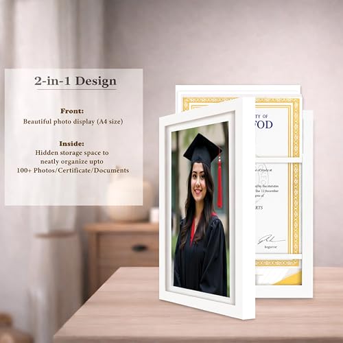 Image of Wooden Document Photo Frame with Storage, Certificate Holder Frame for Wall Mount & Tabletop | Memory Frame for Birth Certificate, Awards & Photos | Premium Finish ( White, Size 9.2X12.6 Inch )
