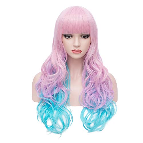 BERON 26" Women Girls Multi-Color Long Wavy Rainbow Wig with Bangs Pink Blue Mixed