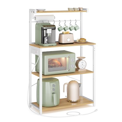 Image of VASAGLE BARNET Collection - Kitchen Bakers Rack with Power Outlet, 31.5-Inch Wide Coffee Bar 4-Tier with 8 S Hooks, Modern Microwave Stand, Adjustable Shelf, Golden Oak and Cloud White UKKS029YA01
