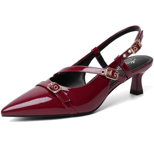 Mostrin Burgundy Slingback Kitten Heels for Women Low Heel Closed Pointed Toe Pumps Buckle Strap Dress Shoes for Daily Working Wedding Size 6.5 by Mostrin - Used condition - US$11.91