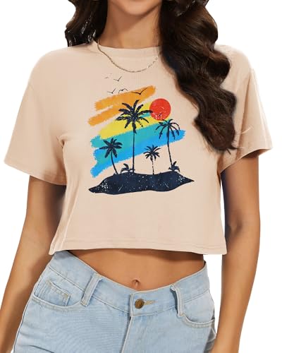 Image of Womens Summer Crop Tops Short Sleeve Round Neck T-Shirts Loose Fit Casual Blouse 2026