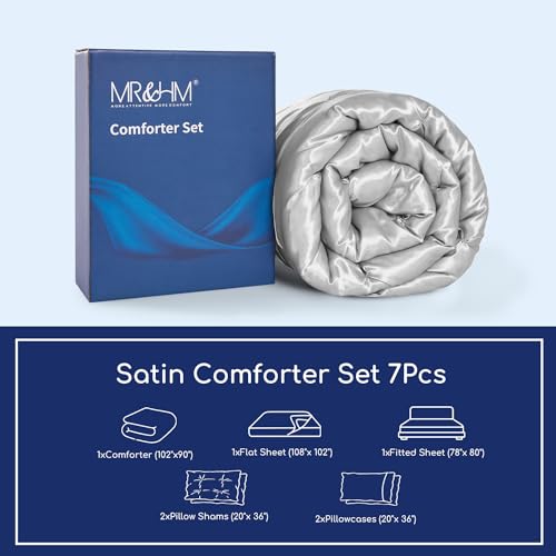 MR&HM Satin Comforter King 7 Pieces - Luxurious Pinch Pleat Bedding Set with Comforter, Flat Sheet, Fitted Sheet, Pillowcases & Shams, Super Silky Soft Bed Set for All Season (King, Silver Grey)