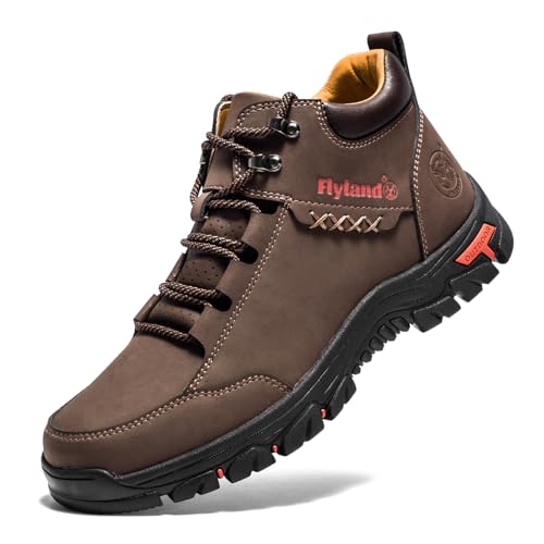 FLYLAND Men's Casual Leather Shoes Chukka Ankle Boots Handmade Fashion Shoes Non Slip Breathable Comfortable Mid Top for Driving Walking Outdoor (Brown, 8)
