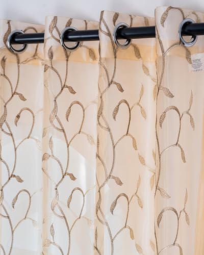 Image of (5 Ft Tissue Fabric Embroidered Curtain |Small Leaf Design Grommet Curtains Window Single Curtain | Vintage Classical Floral Print | For Home | Brown (Pack Of 1) | 152 L X 121 W Centimeters
