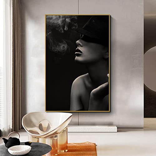 Toile moderne fumer femmes noir et blanc pour habiller un grand mur vide de chambre 60x90cm