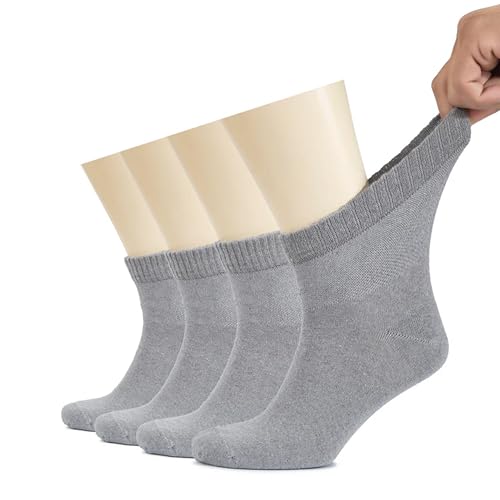 Hugh Ugoli Mens Cotton Diabetic Ankle Socks Wide Thin Loose Fit and Stretchy Seamless Toe & Non Binding Top 4 Pairs Light Grey Shoe Size: 8-11