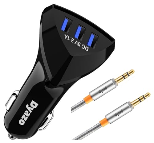 Image of Dyazo 12 W 3 Port USB Car Charger Smart ic Adapter with 6ft Nylon Braided 3.5mm Aux Cable