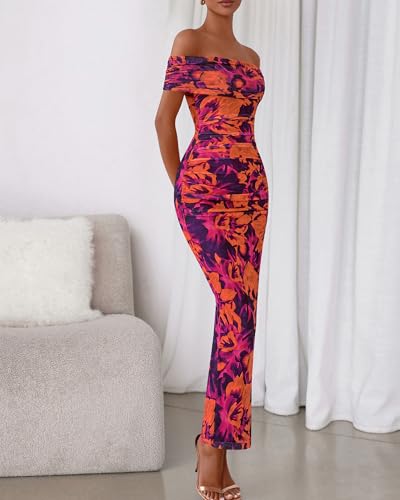 Image of BTFBM Cocktail Dresses for Women 2026 Elegant Classy Off Shoulder Bodycon Mesh Slit Floral Maxi Spring Summer Dress
