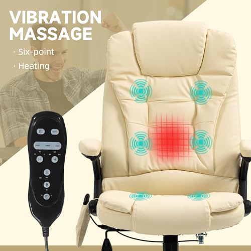 Image of HOMCOM High Back Vibration Massage Office Chair with 6 Vibration Points, Heated Reclining PU Leather Computer Chair with Armrest and Remote, Beige