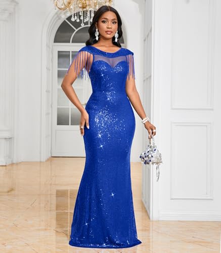Image of Cololura Women Sexy Sequin Mesh Perspective Bodycon Party Cocktail Evening Gown Maxi Dress