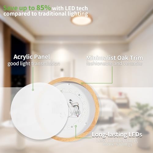 Image of 11.8 Inch Wood LED Flush Mount Ceiling Light 4500K | Modern Style, Acrylic Lampshade, Not Dimmable, Ceiling Light Fixture for Bedroom Kitchen Hallway Living Room