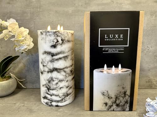 Image of Huge 30cm XL Marbled Grey LED Pillar Candle Real Wax Glow Flame Timer Batt Inc