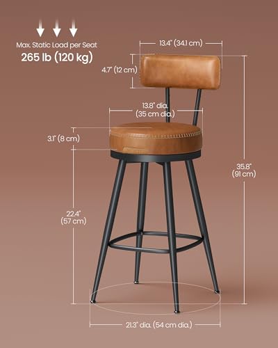 Image of VASAGLE EKHO Collection - Bar Stools Set of 2, Swivel Counter Height Bar Stools with Back, Synthetic Leather with Stitching, Mid-Century Modern, 25.6-Inch Tall Barstools, Caramel Brown ULBC089K01V2
