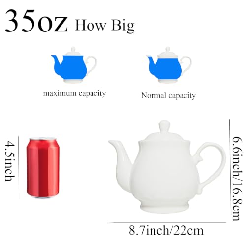 Image of White Porcelain Teapot, Lotus Tea Pot Coffee Tea Water Pot Vintage Ceramic Gooseneck Kettle (35oz)