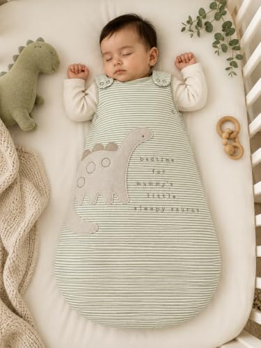 Image of TuddyBuddy Baby Cotton Wearable Quilted Sleeping Bag Blanket 1.5 Tog with 2 Way Zipper Closure | Ideal for Babies & Kids Hypoallergenic Fabrics | (Green Stripes 3D Dino, 0-6 Months)