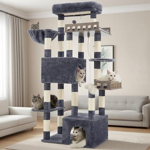 Gitelsnour Kratzbaum robust 174 cm für schwere & mehrere Katzen, GCT033G | Katzenbaum 174 cm für Maine Coon im Innenbereich mit Hängematte,2 großen Plattformen,2 Katzenhöhlen, 15 S