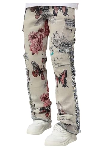 WDIRARA Men's Butterfly Floral Cargo Pants Frayed Trim Flap Pockets Pants Streetwear